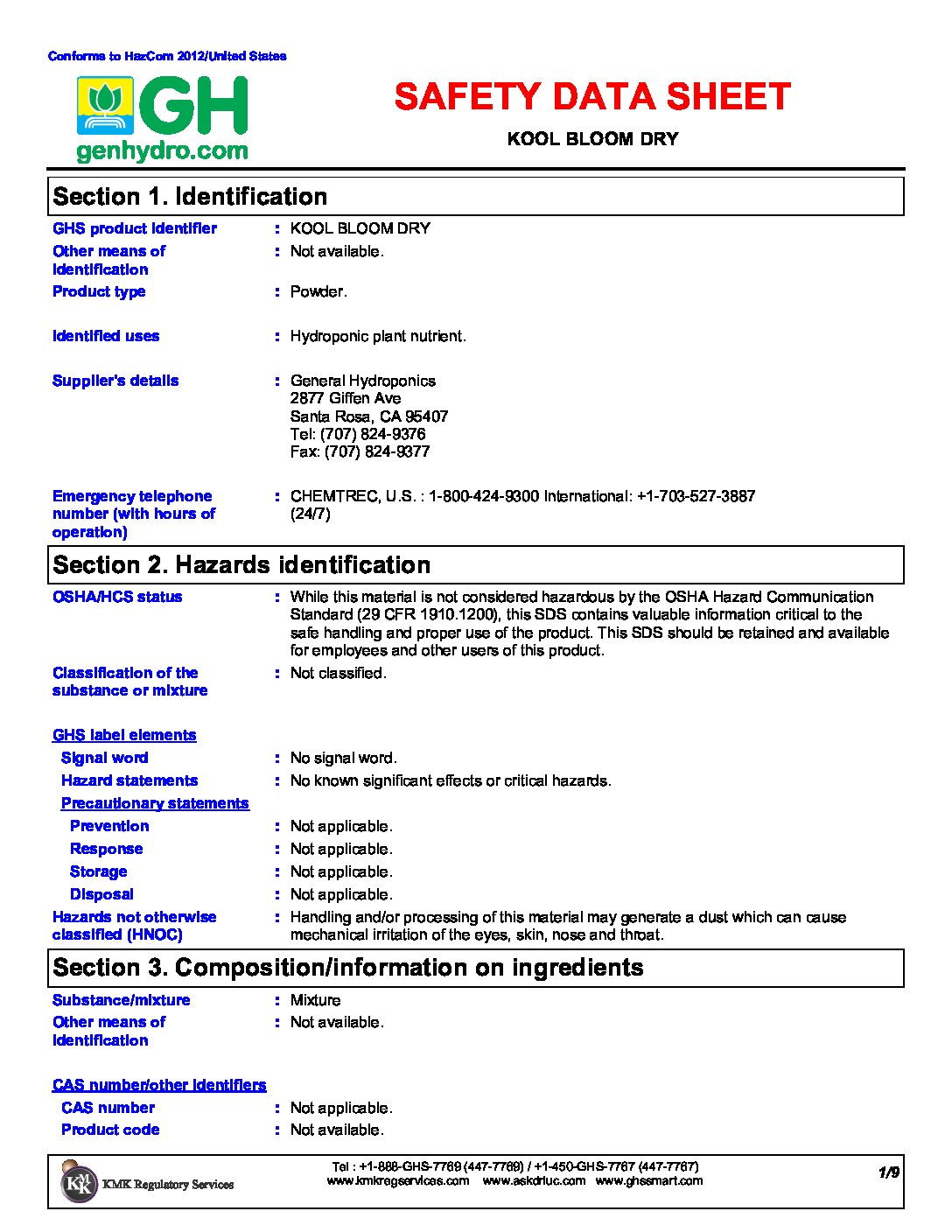 Liquid KoolBloom® Safety Data Sheet General Hydroponics