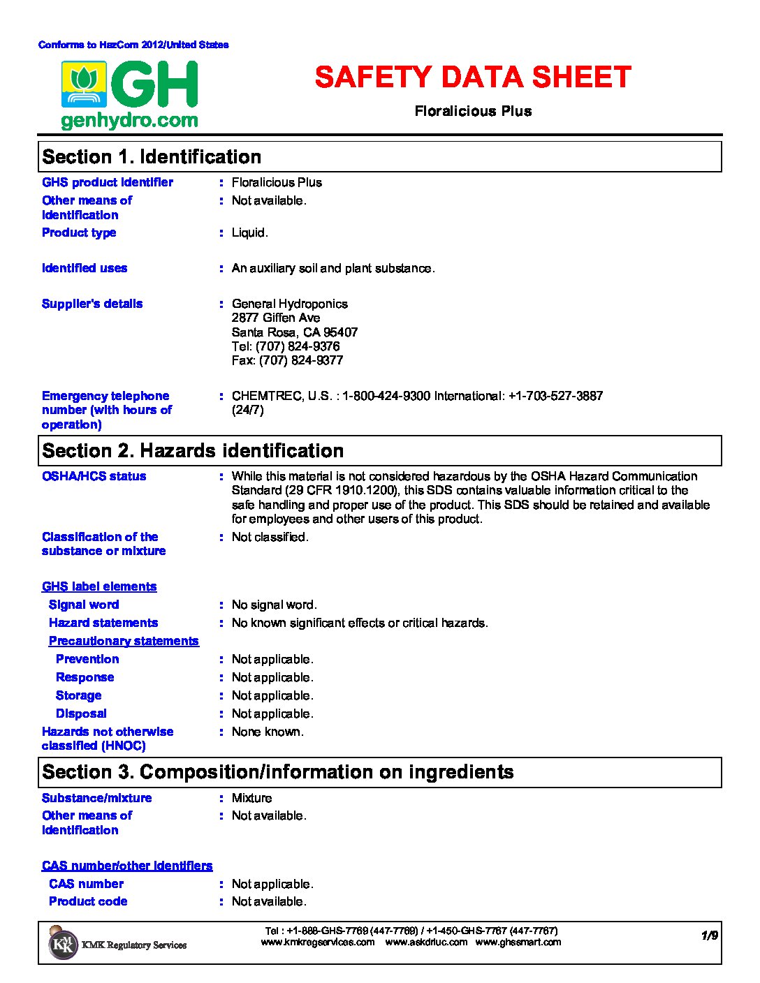 Floralicious® Grow Safety Data Sheet General Hydroponics